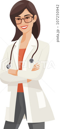 Medicine concept with young woman doctor in thin line style. Consultation and diagnosis. Vector illustration. 107250942