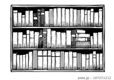 Bookshelf hand drawn ink sketch. Engraved style vintage vector illustration. 107251212