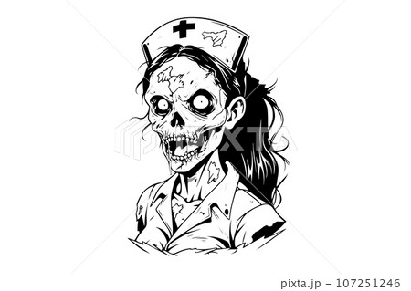 Zombie head hand drawn ink sketch. Vector illustration in engraving style. Zombie head hand drawn ink sketch. Vector illustration in engraving style. 107251246