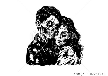 Zombie love match pair hand drawn ink sketch. Woman and man zombies. Engraved style vector illustration. 107251248