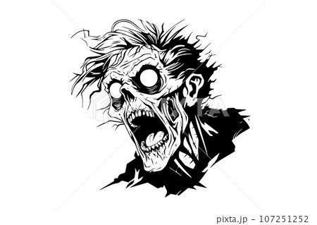 Zombie head hand drawn ink sketch. Vector illustration in engraving style. Zombie head hand drawn ink sketch. Vector illustration in engraving style. 107251252