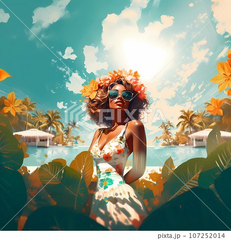 Illustration of a beautiful woman on vacation on a tropical island Illustration of a beautiful woman on vacation on a tropical island 107252014