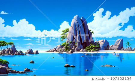 Illustration of a beautiful tropical island with a beach and palm trees Illustration of a beautiful tropical island with a beach and palm trees 107252154