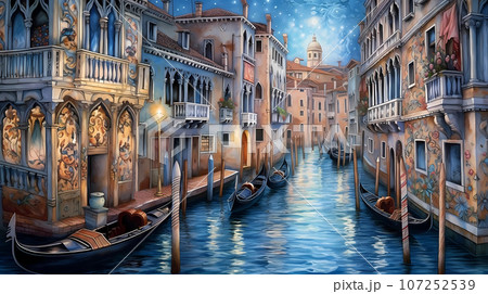 Illustration of the beautiful city of Venice. City of gondoliers, bridges, carnivals and love. Italy 107252539