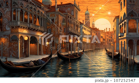 Illustration of the beautiful city of Venice. City of gondoliers, bridges, carnivals and love. Italy 107252547