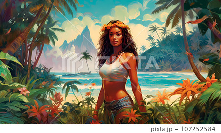 Illustration of traditional hawaiian lifestyle on an island, Hawaii, USA Illustration of traditional hawaiian lifestyle on an island, Hawaii, USA 107252584