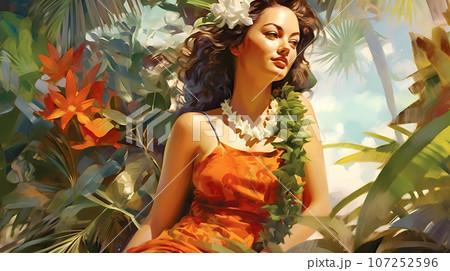 Illustration of traditional hawaiian lifestyle on an island, Hawaii, USA Illustration of traditional hawaiian lifestyle on an island, Hawaii, USA 107252596
