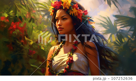 Illustration of traditional hawaiian lifestyle on an island, Hawaii, USA Illustration of traditional hawaiian lifestyle on an island, Hawaii, USA 107252636