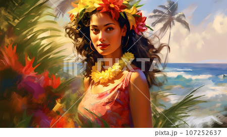 Illustration of traditional hawaiian lifestyle on an island, Hawaii, USA Illustration of traditional hawaiian lifestyle on an island, Hawaii, USA 107252637