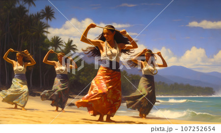 Illustration of traditional hawaiian lifestyle on an island, Hawaii, USA Illustration of traditional hawaiian lifestyle on an island, Hawaii, USA 107252654