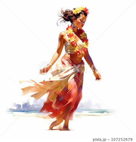 Illustration of traditional hawaiian lifestyle on an island, Hawaii, USA 107252679