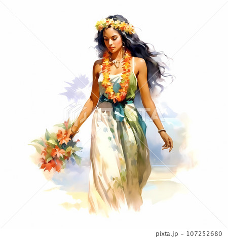 Illustration of traditional hawaiian lifestyle on an island, Hawaii, USA Illustration of traditional hawaiian lifestyle on an island, Hawaii, USA 107252680