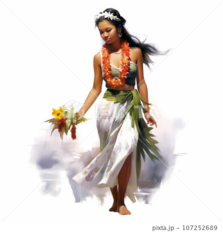 Illustration of traditional hawaiian lifestyle on an island, Hawaii, USA 107252689