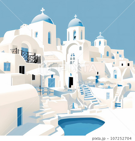 Illustration of a beautiful view of a greek village, Greece 107252704