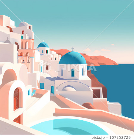 Illustration of a beautiful view of a greek village, Greece 107252729