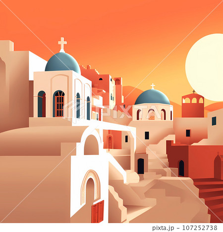 Illustration of a beautiful view of a greek village, Greece Illustration of a beautiful view of a greek village, Greece 107252738
