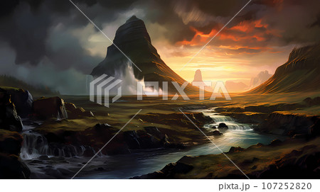 Illustration of a beautiful view of Iceland Illustration of a beautiful view of Iceland 107252820