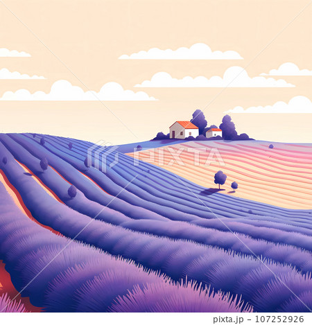 Illustration of beautiful blooming lavender fields in Provence, France Illustration of beautiful blooming lavender fields in Provence, France 107252926