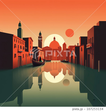 Illustration of the beautiful city of Venice. City of gondoliers, bridges, carnivals and love. Italy 107253134