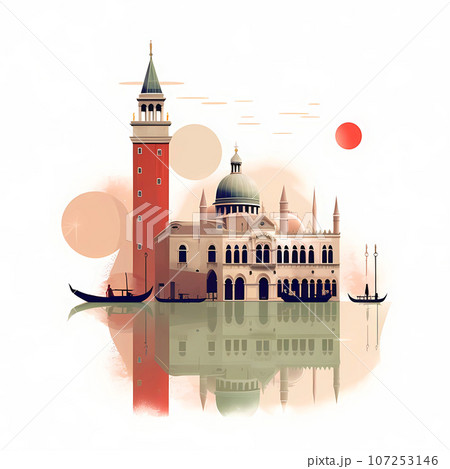 Illustration of the beautiful city of Venice. City of gondoliers, bridges, carnivals and love. Italy 107253146