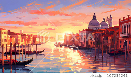 Illustration of the beautiful city of Venice. City of gondoliers, bridges, carnivals and love. Italy 107253241