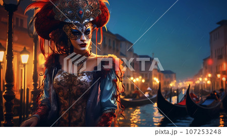 Illustration of the beautiful city of Venice. City of gondoliers, bridges, carnivals and love. Italy 107253248