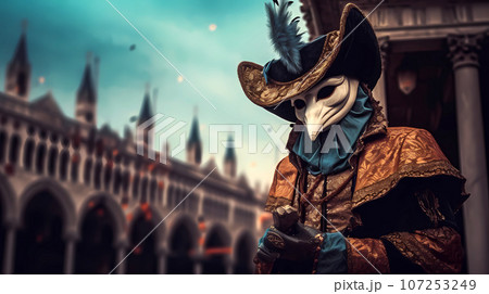 Illustration of the beautiful city of Venice. City of gondoliers, bridges, carnivals and love. Italy 107253249