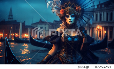 Illustration of the beautiful city of Venice. City of gondoliers, bridges, carnivals and love. Italy 107253254