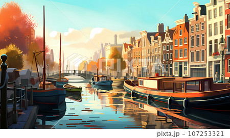 Illustration of a beautiful city view on the river 107253321