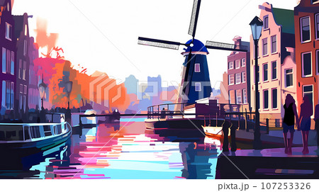 Illustration of a beautiful city view on the river 107253326