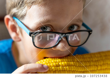 Happy cute Caucasian boy with glasses eating boiled corn on the cob Happy cute Caucasian boy with glasses eating boiled corn on the cob 107253438