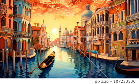 Illustration of the beautiful city of Venice. City of gondoliers, bridges, carnivals and love. Italy 107253536