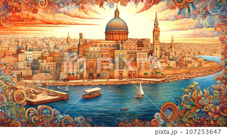 Illustration of beautiful view of Valletta, Malta 107253647