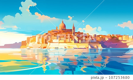 Illustration of beautiful view of Valletta, Malta 107253680