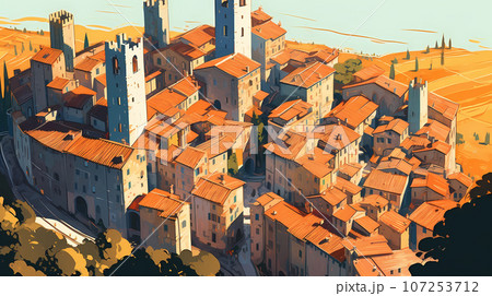 Illustration of beautiful view of San Gimignano, Italy 107253712