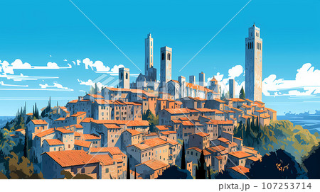 Illustration of beautiful view of San Gimignano, Italy 107253714