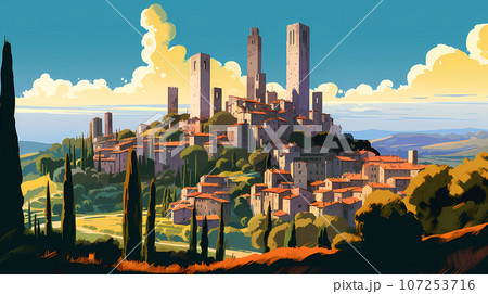Illustration of beautiful view of San Gimignano, Italy Illustration of beautiful view of San Gimignano, Italy 107253716