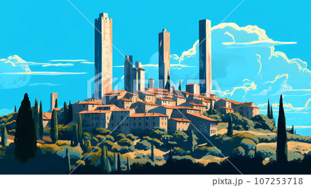 Illustration of beautiful view of San Gimignano, Italy 107253718