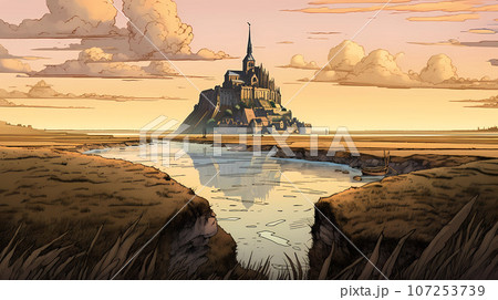 Illustration of beautiful view of Mont Saint-Michel, France 107253739