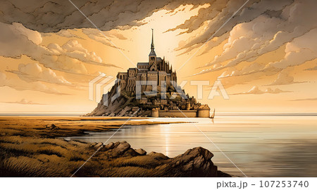 Illustration of beautiful view of Mont Saint-Michel, France 107253740
