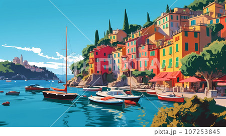 Illustration of beautiful view of Portofino, Italy 107253845