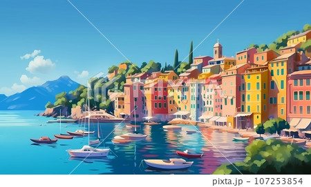 Illustration of beautiful view of Portofino, Italy 107253854