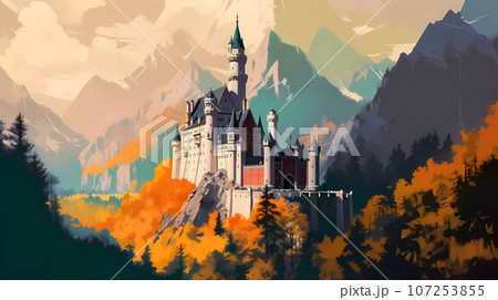 Illustration of beautiful view of Neuschwanstein Castle, Germany 107253855