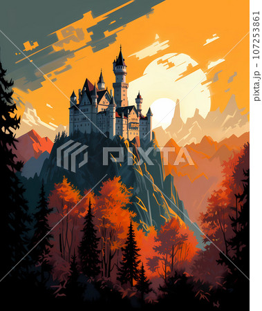 Illustration of beautiful view of Neuschwanstein Castle, Germany Illustration of beautiful view of Neuschwanstein Castle, Germany 107253861