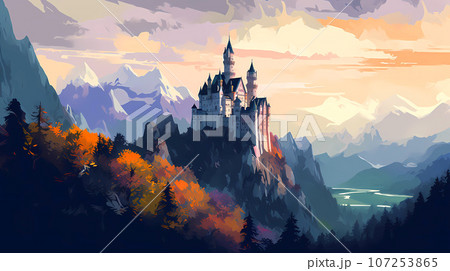 Illustration of beautiful view of Neuschwanstein Castle, Germany Illustration of beautiful view of Neuschwanstein Castle, Germany 107253865