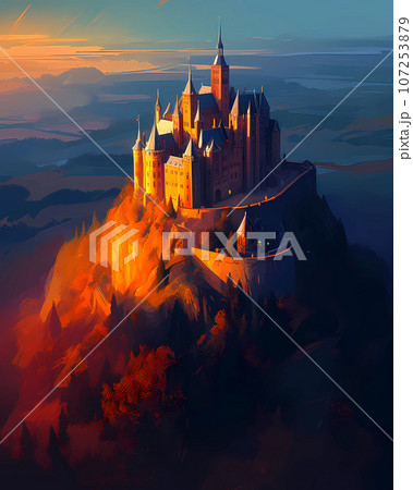 Illustration of beautiful view of Hohenzollern Castle in the Swabian Alps - Baden-Wurttemberg, Germany 107253879