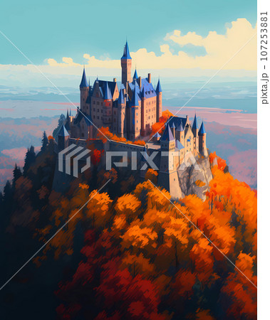 Illustration of beautiful view of Hohenzollern Castle in the Swabian Alps - Baden-Wurttemberg, Germany 107253881