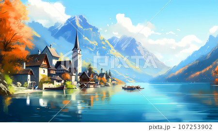 Illustration of beautiful view of Hallstatt, Austria 107253902