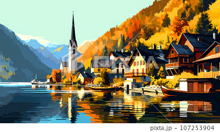 Illustration of beautiful view of Hallstatt, Austria 107253904