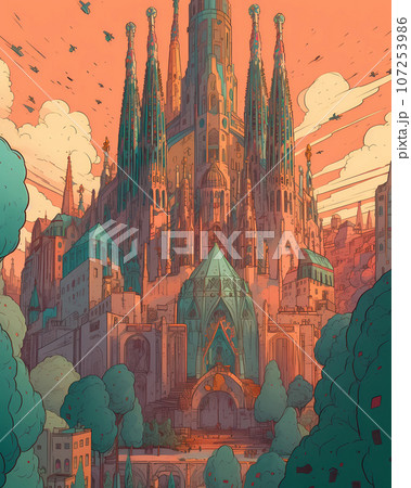 Illustration of beautiful view of the city of Barcelona, Spain 107253986